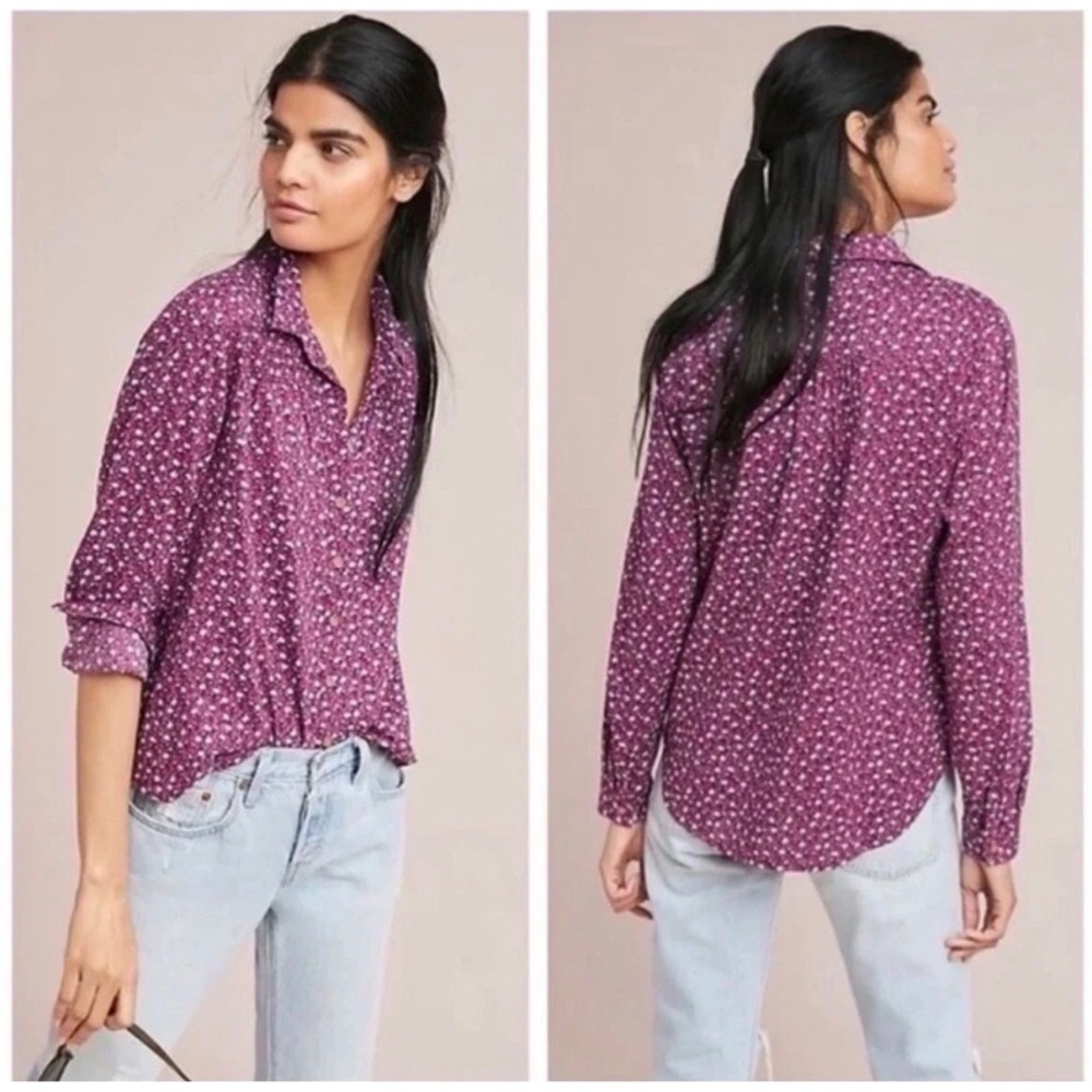 ANTHROPOLOGIE MAEVE Purple Floral Calico Button Down Shirt Size 10